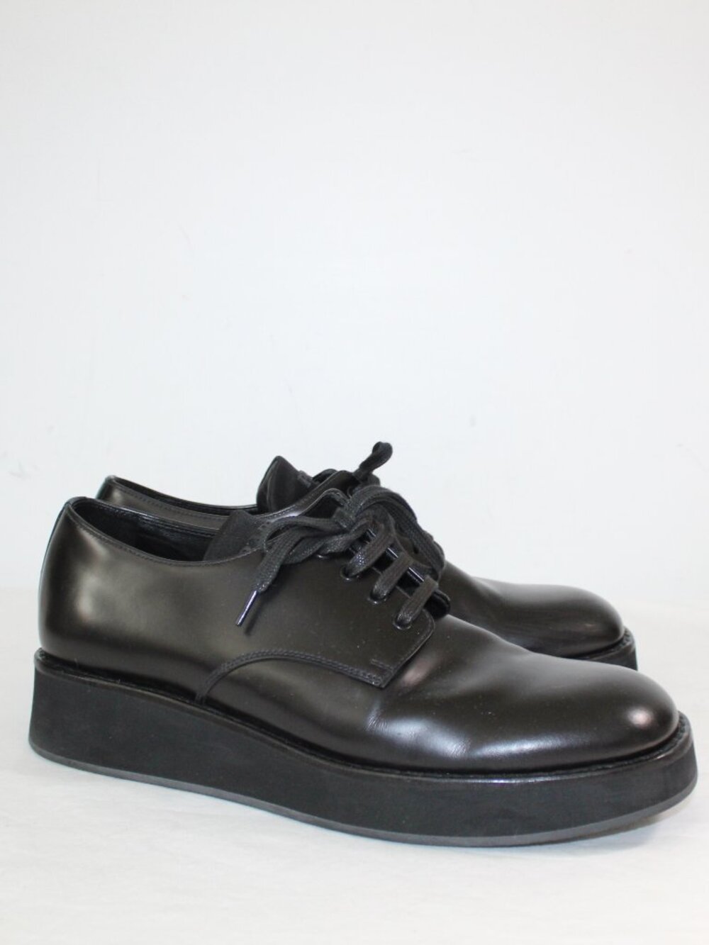 PRADA Black Leather Lace Up Tie Derby Platform Dress Loafers Mens 7 Womens 9